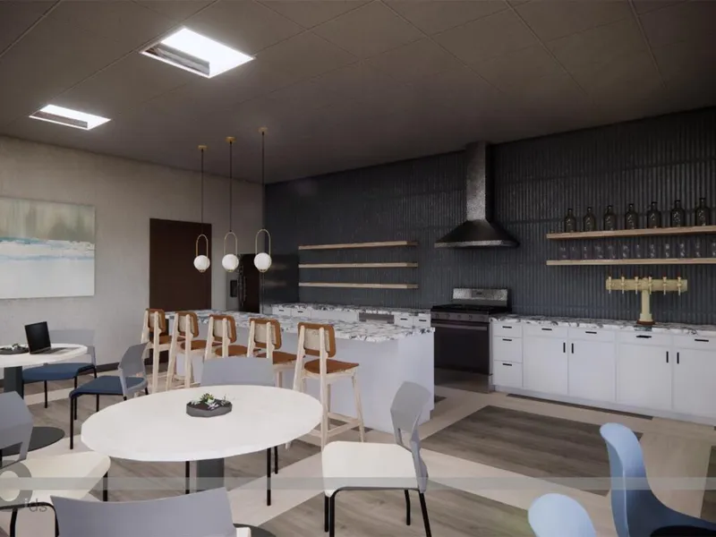 Architectural rendering of a modern communal kitchen with a marble island, bar seating, open shelving, and pendant lights