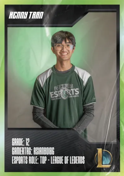 Smiling teen in green Packers Esports jersey on a trading-card style graphic