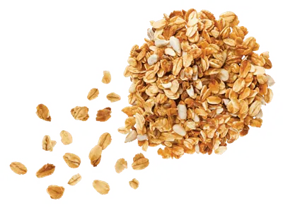 Loose pile of golden toasted oats and granola on a white background