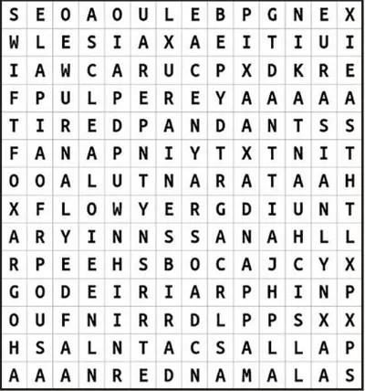 Animal-themed word search puzzle grid with bold black letters