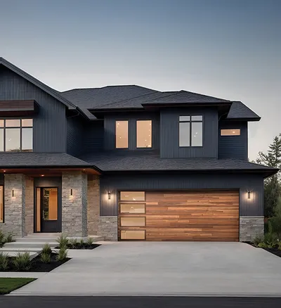 Modern two-story home with dark siding, stone accents, and a wood-paneled garage door at dusk