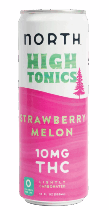 North High Tonics Strawberry Melon 10mg THC canned beverage in pink and white