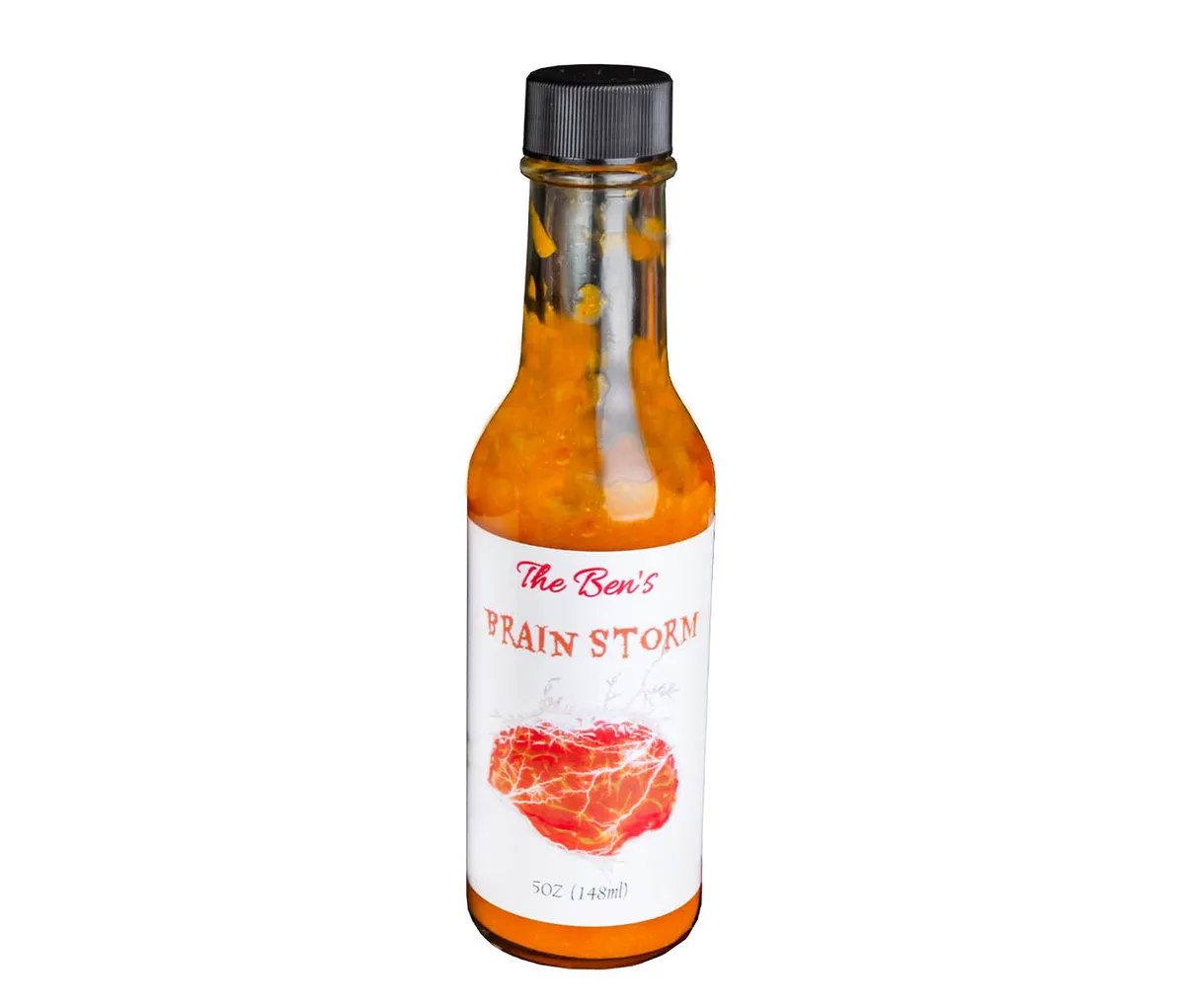 5 oz bottle of The Ben's Brain Storm hot sauce with orange chunky contents