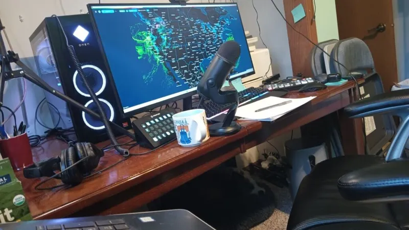 Desk setup with a gaming PC, weather radar map on monitor, USB microphone, and coffee mug