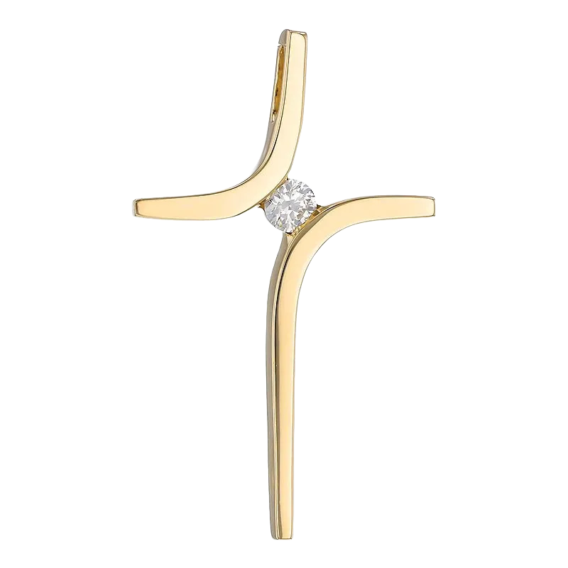 Modern gold cross pendant with a single round clear stone at center