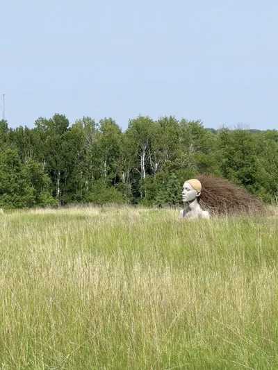 Large outdoor sculpture of a human bust with flowing hair rising above tall grass, trees behind