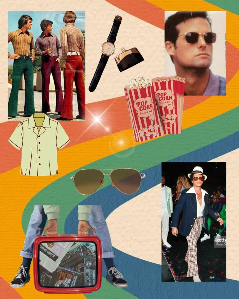 Retro-themed mood board with 70s fashion, popcorn, aviator sunglasses, a watch, and cassette lunchbox on a colorful swirling