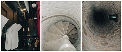 Triptych showing a dark industrial interior, a concrete spiral staircase viewed from above, and a circular brick shaft