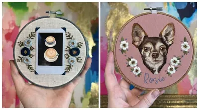Two embroidery hoops: one holding a coffee photo with floral stitching, one with an embroidered chihuahua portrait and the