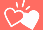 Two white overlapping hearts with radiant lines on a coral background