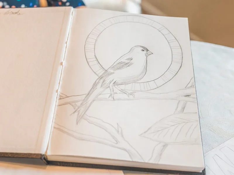 Open sketchbook with a pencil drawing of a bird perched on a branch before a circular halo