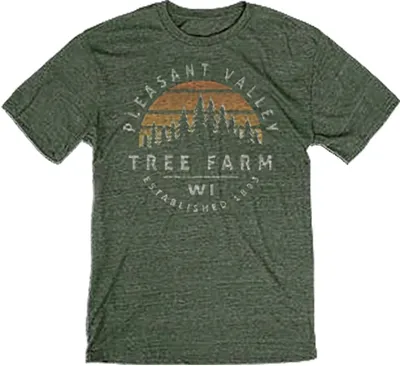Olive green heather T-shirt with Pleasant Valley Tree Farm WI graphic and retro sunset print