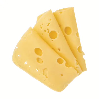 Three slices of yellow Swiss cheese with round holes on a white background