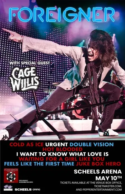 Foreigner concert poster featuring a long-haired performer on stage at Scheels Arena