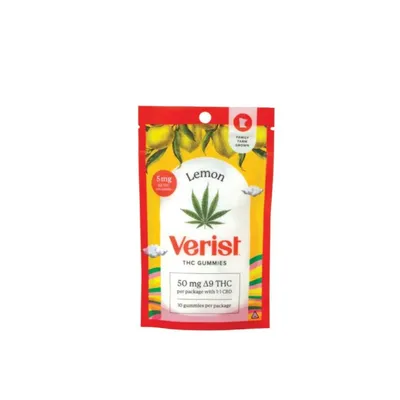 Verist Lemon THC Gummies packaging, 50mg Delta-9, red and yellow pouch