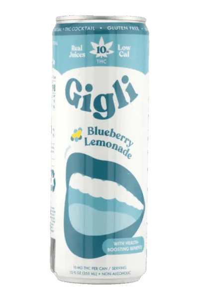 Gigli Blueberry Lemonade THC cocktail can, teal and white with lip graphic