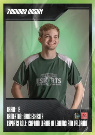 Smiling teen in a green Packers Esports jersey on a trading-card style graphic