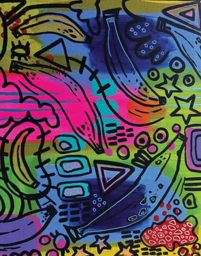 Colorful abstract street-art-style painting with bold black outlines, stars, and neon shapes