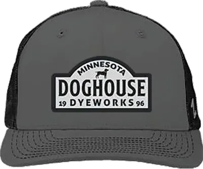 Gray and black trucker hat with a Minnesota Doghouse Dyeworks 1996 patch