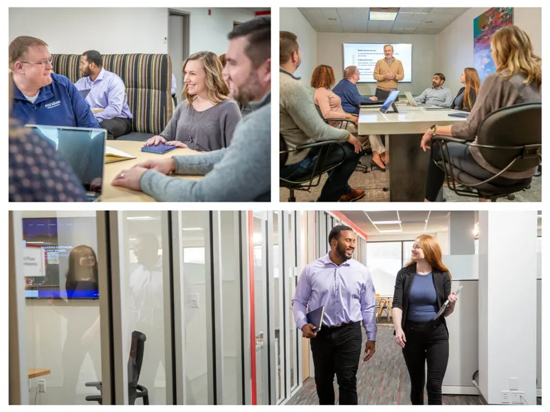 Three office scenes showing colleagues collaborating at a table, presenting in a conference room, and walking a hallway