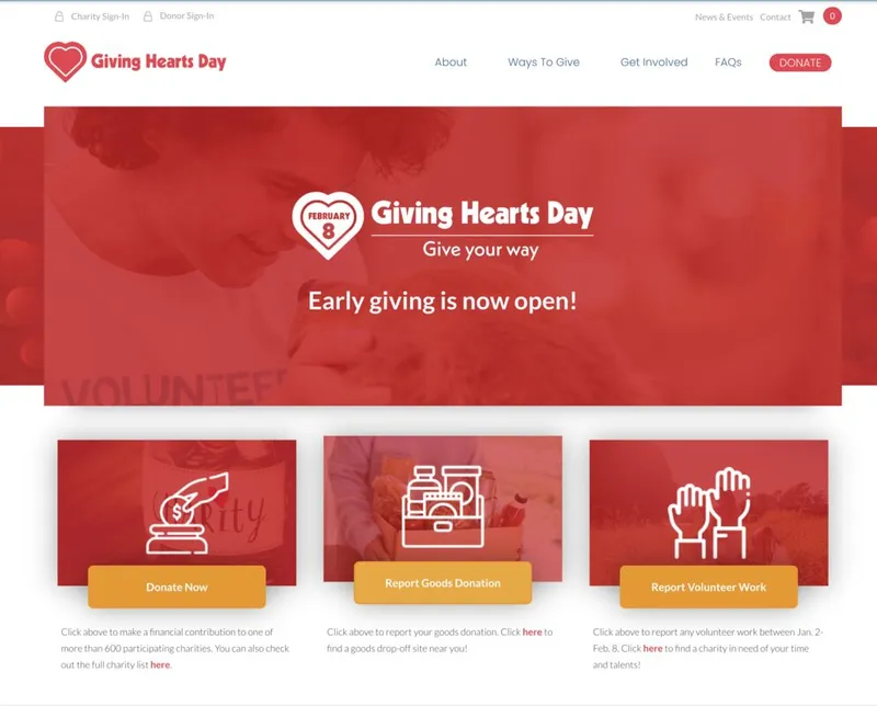 Giving Hearts Day website homepage with red banner and three donation action buttons