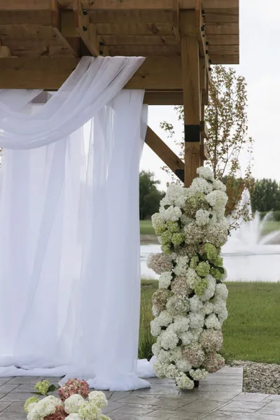 Outdoor wedding ceremony arch draped in white fabric with white and green hydrangea column