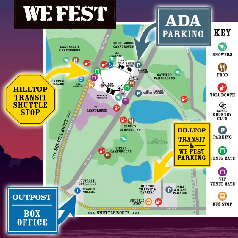 We Fest festival grounds map showing campgrounds, parking, shuttle routes, and amenity key