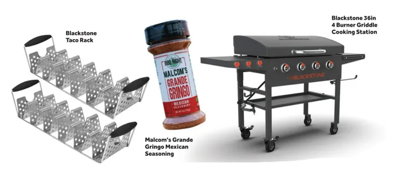 Taco rack, Mexican seasoning jar, and 4-burner flat-top griddle on white background