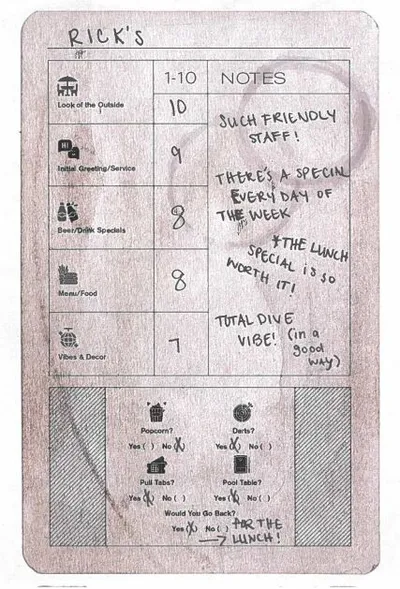 Handwritten scorecard for Rick's Bar rating ambiance, service, food, and decor on a 1–10 scale