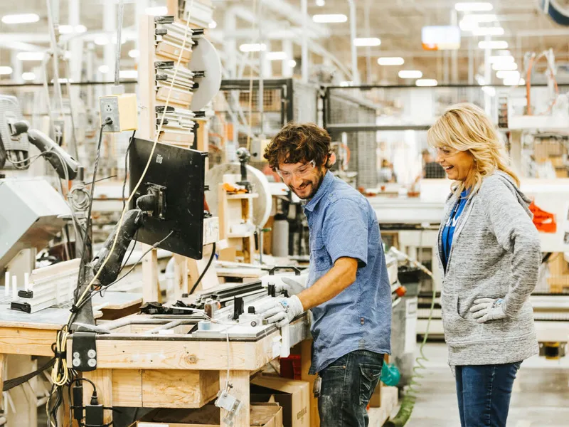 Two smiling workers at a manufacturing workbench inside a large factory floor