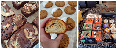 Marble loaf, peanut butter cookies, a croissant, and Halloween-themed treats on a display table