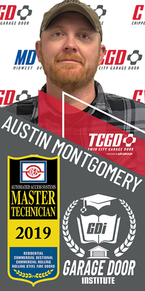 Man in baseball cap beside Twin City Garage Door branding and a 2019 Master Technician badge