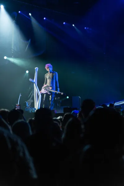 Guitarist performing on a lit stage above a silhouetted crowd under blue spotlights