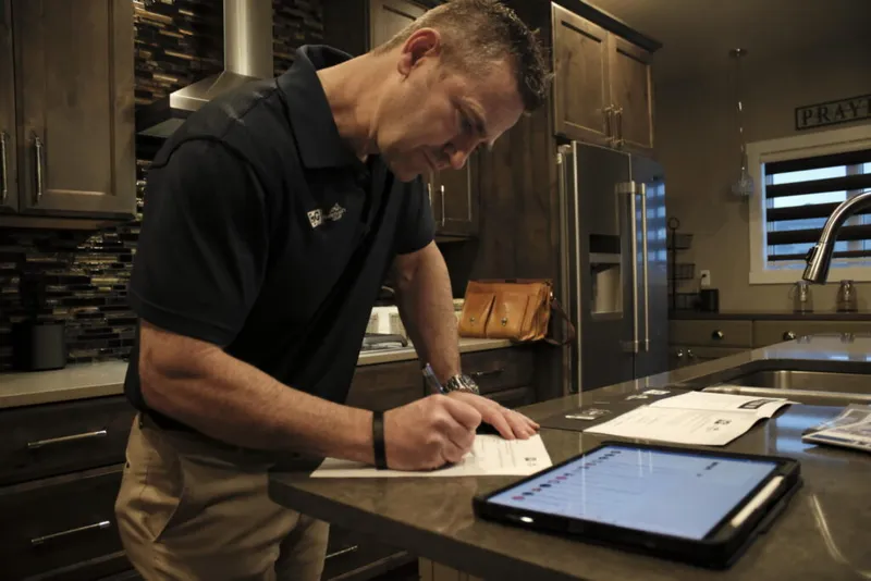 Man in polo shirt writing on paperwork beside a tablet on a kitchen counter