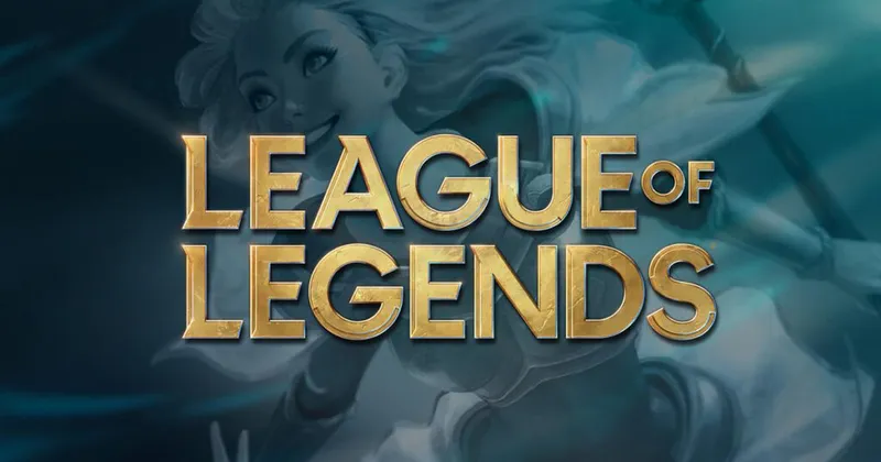 League of Legends logo in gold lettering over a teal fantasy game art background