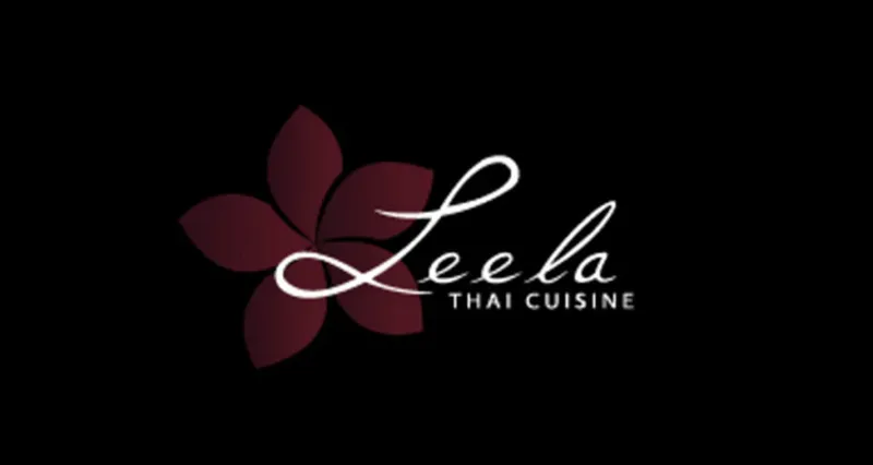 Leela Thai Cuisine logo with dark red flower on black background