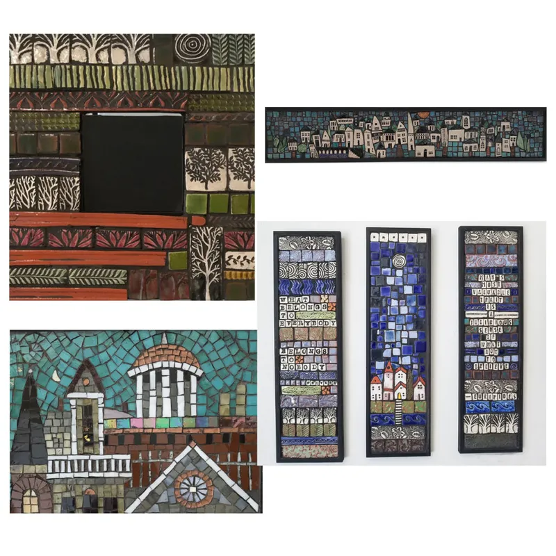 Collage of colorful ceramic tile mosaic artworks featuring cityscapes, buildings, and text panels