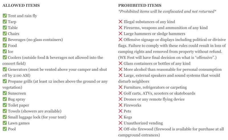 WE Fest campground rules listing allowed and prohibited items in two columns