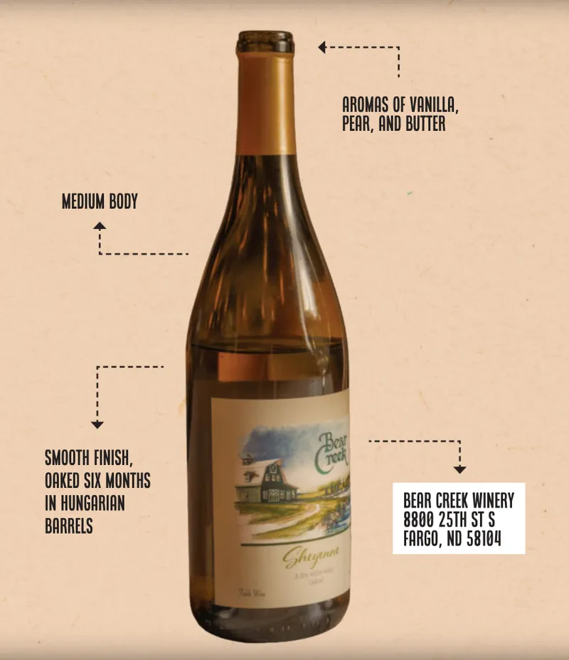 Annotated bottle of Bear Creek Winery Sheyenne white wine with tasting notes