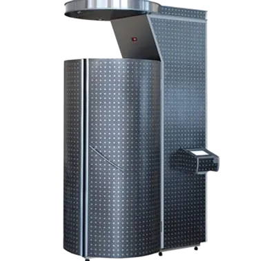 Tall cylindrical cryotherapy chamber with perforated metal panels and a control panel on the side