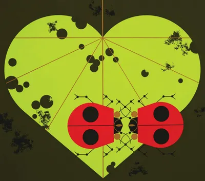 Stylized graphic art print of a ladybug centered on a chartreuse heart shape