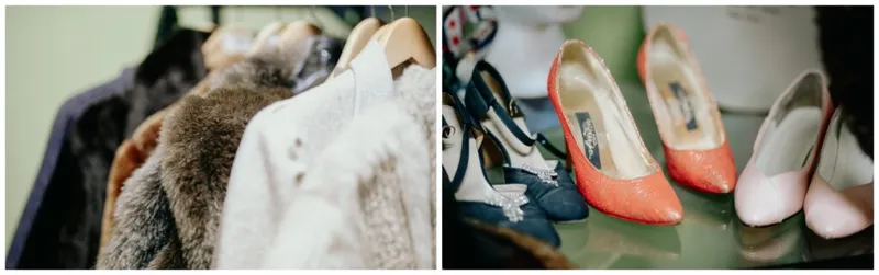 Fur coats on a rack beside colorful vintage high heels on display