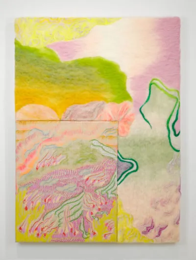 Abstract painting with pastel pink, yellow, and green organic shapes on canvas