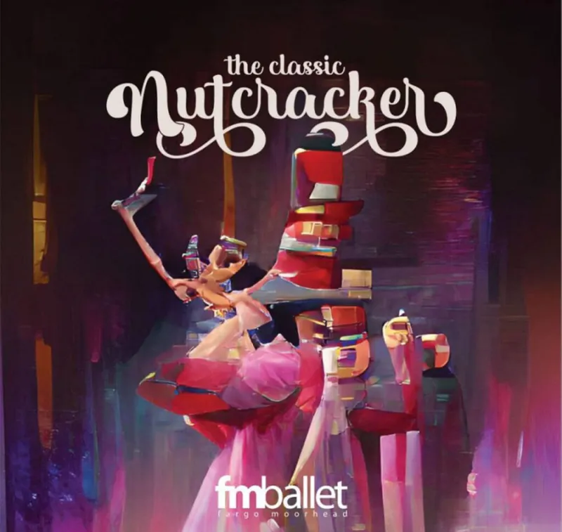 FM Ballet's The Classic Nutcracker promotional art showing a ballerina dancing beside a large nutcracker figure
