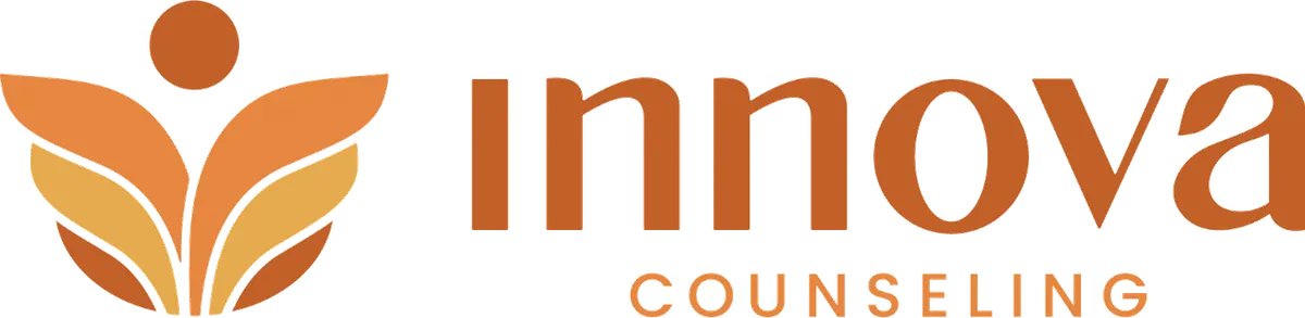 Innova Counseling logo with a leaf and figure icon in warm orange tones