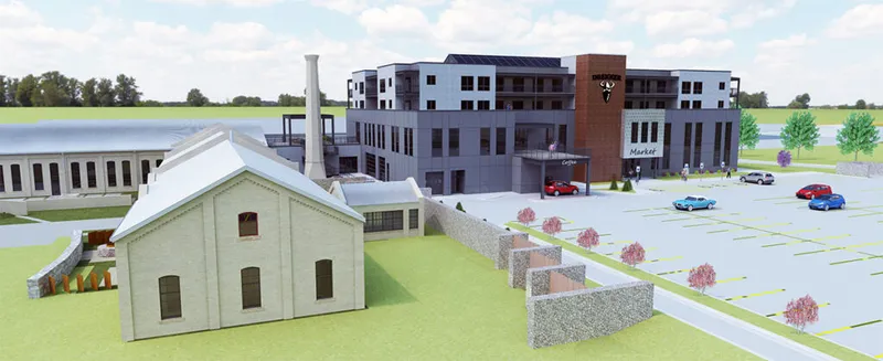 Architectural rendering of a multi-story mixed-use building with a historic white structure and smokestack in the foreground