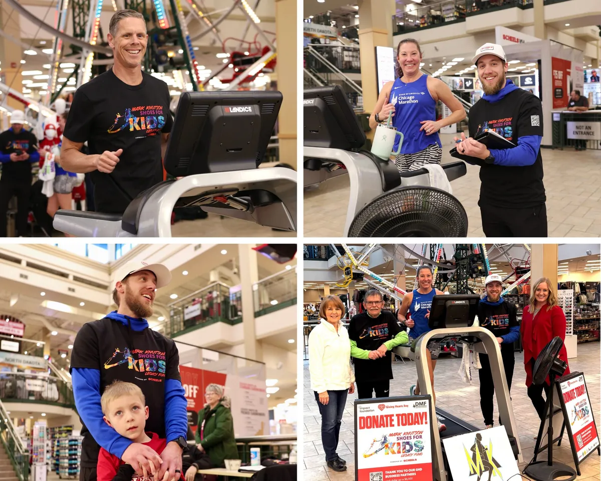Four-photo collage of people at a Shoes for Kids charity treadmill fundraiser inside a mall