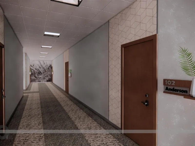Rendered hallway with patterned carpet, wood doors, and a nameplate reading 102 Anderson