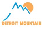 Detroit Mountain logo with blue mountain peaks and an orange sun