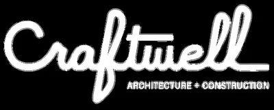 Craftwell Architecture + Construction white script logo on black background